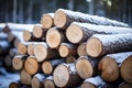 Winter stockpile Sawn pine tree trunks in a snowy forest