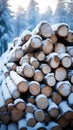 Winter stockpile Sawn pine tree trunks in a snowy forest