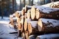 Winter stockpile Sawn pine tree trunks in a snowy forest