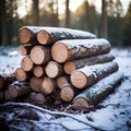 Winter stockpile Sawn pine tree trunks in a snowy forest