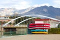 Winter storage of canoes colorful backdrop of snow-covered Alps Royalty Free Stock Photo