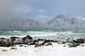 Winter stormy landscape of Skagsanden beach, Flakstad, Lofoten islands, Norway, Europe