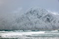 Winter stormy landscape of Skagsanden beach, Flakstad, Lofoten islands, Norway, Europe