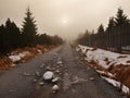 Winter stormy weather in mountains, dark snowy clouds, cold snow in the sky. The road covered by snow and ice. Slipper asphalt Royalty Free Stock Photo