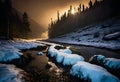 A winter stream in a snowy forest.