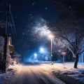 Winter street at night with snow and falling snowflakes. Winter landscape Royalty Free Stock Photo