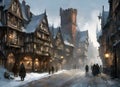 winter street scene with a traditional english town snow covered street with medieval shops and houses