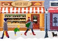 Winter Street View In New Year Party. Bakery Shop Front In Winter. People Walking In Winter Street. Vector Illustration