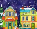 Watercolor Winter Street Village City Houses with snowfall. Hand drawn watercolor illustration. Royalty Free Stock Photo