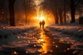Winter stroll Person walks on snowy road at sunset