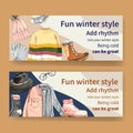 Winter style banner design with sweater, socks, gloves, boots watercolor illustration Royalty Free Stock Photo