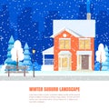 Winter suburb landscape banner Flat style Royalty Free Stock Photo