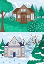 Winter and summer forest landscape with house and trees