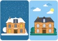 Winter and Summer house. Family suburban home. Vector flat illustration.