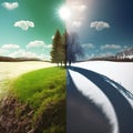 Winter and summer landscape on one frame, half of frame is winter with snow, other half is summer with green grass.