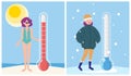 Winter and summer. Weather thermometer, hot and cold temperature. Girl holiday vacations on beach vector concept Royalty Free Stock Photo