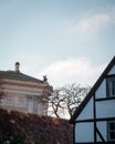 Winter sun hits old historic buildings in the city center of Lund Sweden