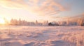 Winter Sun Setting Over Snow Covered Field: A Cabincore Villagecore Scene Royalty Free Stock Photo