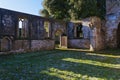 Winter sunlight shines lights up the remains of an abandoned church