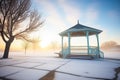 winter sunrise behind a frosted gazebo