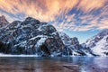 Winter sunrise over Lago di Braies, Dolomites, Italy Royalty Free Stock Photo