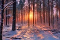 winter sunrise illuminating snow-covered pines Royalty Free Stock Photo
