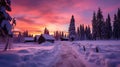 winter sunrise illuminating a snowy cabin nestled in the woods Royalty Free Stock Photo