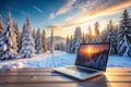 Winter sunrise laptop display snow forest Royalty Free Stock Photo