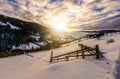 Winter sunrise in mountainous rural area Royalty Free Stock Photo