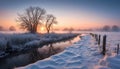 Winter sunrise over a frosted river path Royalty Free Stock Photo