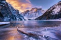 Winter sunrise over Lago di Braies, Dolomites, Italy