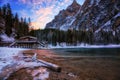 Winter sunrise over Lago di Braies, Dolomites, Italy Royalty Free Stock Photo