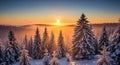 Winter sunrise over snow covered forest Royalty Free Stock Photo