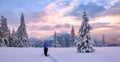 Winter sunrise. A panoramic view. Natural landscape with beautiful sky. High mountain. Snowy background. Tourist stays on the lawn Royalty Free Stock Photo