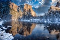 Winter Sunrise Reflections on Yosemite Valley View, Yosemite National Park, California Royalty Free Stock Photo