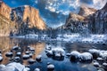 Winter Sunrise Reflections on Yosemite Valley View, Yosemite National Park, California Royalty Free Stock Photo