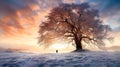 Winter sunset, and an epic, towering oak tree stands as a majestic silhouette, with a lone man beneath its branches, creating a Royalty Free Stock Photo