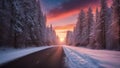 winter sunset in the mountains a road with snow covered trees and the background evening Royalty Free Stock Photo