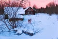 Winter sunset in old hunter village Royalty Free Stock Photo