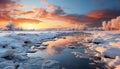 Winter sunset over frozen pond, tranquil scene in nature generated by AI Royalty Free Stock Photo