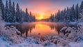 Winter Sunset Over Snowy Forest Lake Reflection Royalty Free Stock Photo