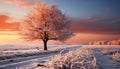 Winter sunset over snowy landscape, nature beauty in tranquil scene generated by AI Royalty Free Stock Photo