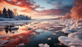 Winter sunset over snowy landscape, reflecting beauty in nature generated by AI Royalty Free Stock Photo