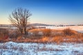 Winter sunset over snowy meadow Royalty Free Stock Photo