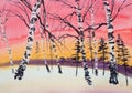 Winter sunset pine and birch