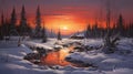 Winter Sunset Sunrise At The Lake: A Photorealistic Nature Landscape In Quebec Province