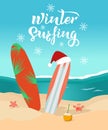 Winter surfing hand drawn text. Sunny day on the beach, surfboards with christmas cap, waves on the sea, crab, seastar, coconut Royalty Free Stock Photo