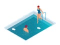 Winter swimming in a frozen river. Man and woman in an ice-hole. Healthy lifestyle. Isometric vector illustration