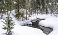 Winter. Taiga hut near stream