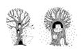 Winter tale. Cute cartoon owls in the hollow. Magic tree. Hand drawing isolated objects on white background. Vector